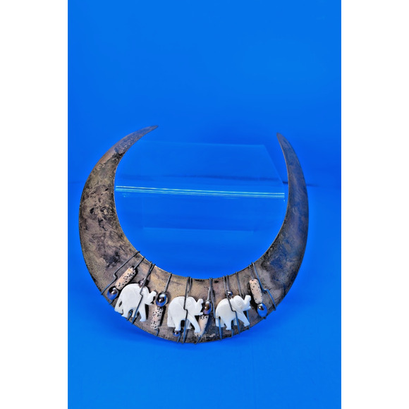 Vintage Tribal Elephant Collar Necklace Bone Brass Boho Ethnic Statement - Picture 1 of 12